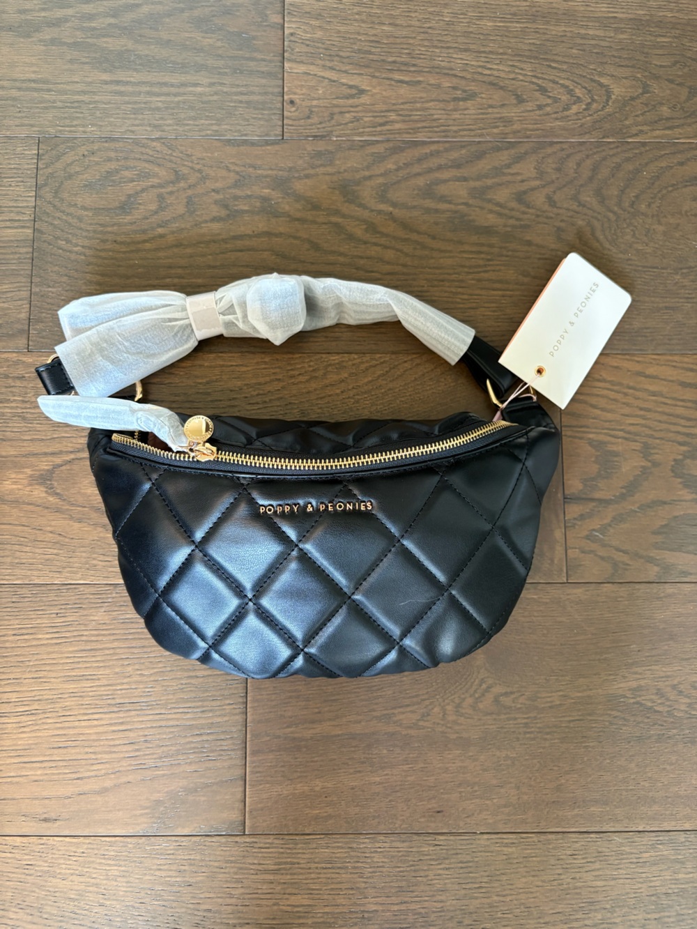 Poppy & Peonies Black Quilted Crossbody Belt Bag Medium